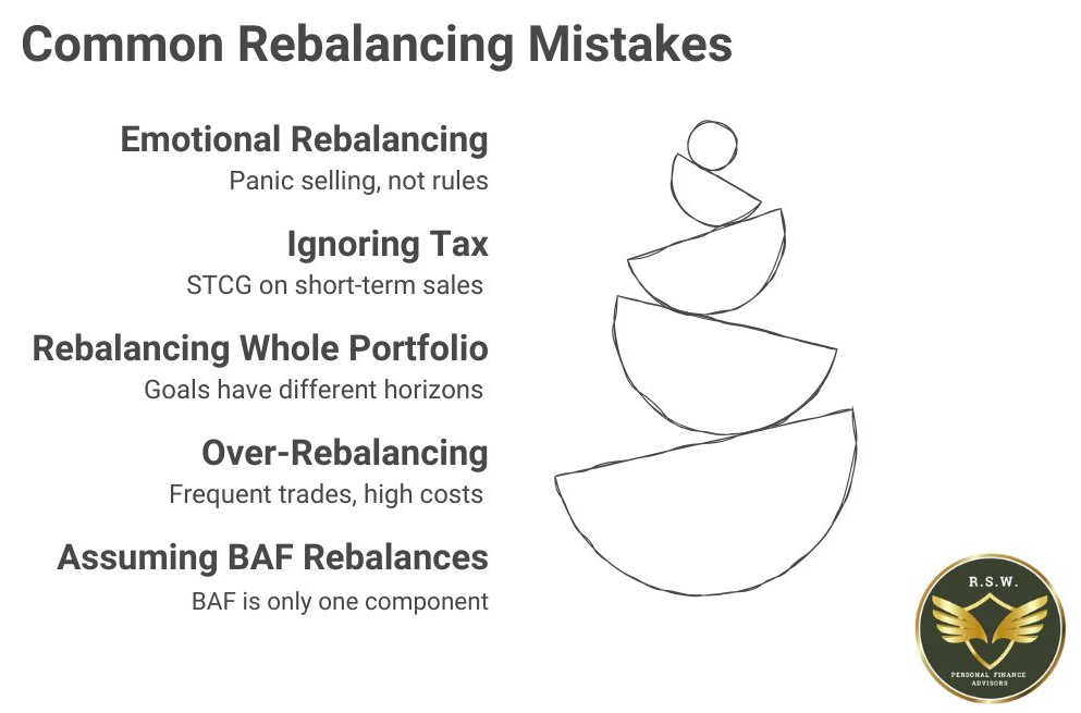 Infographic listing 5 common portfolio rebalancing mistakes: emotional rebalancing, ignoring tax, rebalancing the whole portfolio, over-rebalancing, and assuming a Balanced Advantage Fund rebalances your entire portfolio.