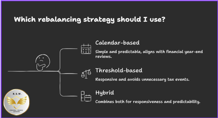 
Infographic comparing three portfolio rebalancing strategies for Indian investors — calendar-based, threshold-based, and hybrid — with a brief description of each approach.