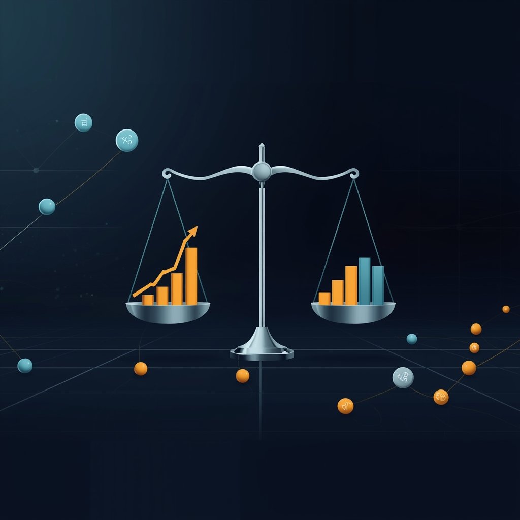 A balanced scale representing portfolio rebalancing — equity assets in amber on one side, debt and gold in blue on the other — symbolising target asset allocation for Indian investors.