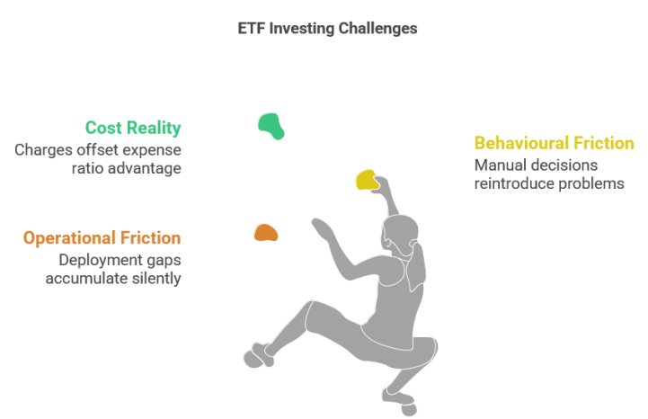 Three ETF investing challenges — cost reality, operational friction, and behavioural friction for monthly SIP investors