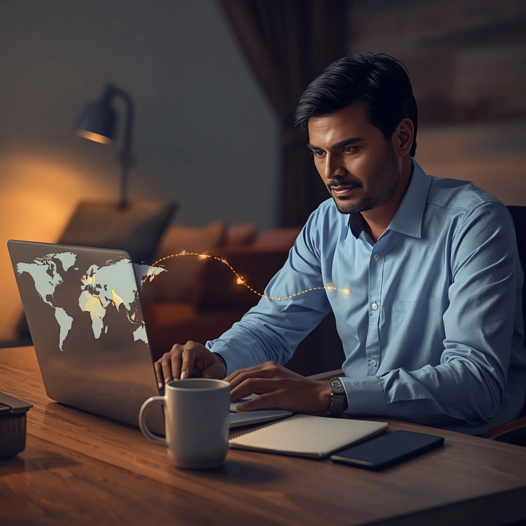 Indian investor reviewing international mutual funds and ETF portfolio on laptop with world map showing global investment routes