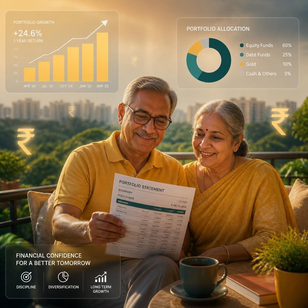 Indian senior couple reviewing NPS portfolio statement on terrace — financial confidence through NPS Retirement Income Scheme (RIS) after 60